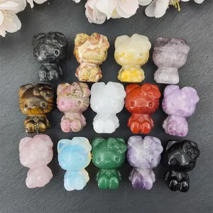 1.5 Inch Natural Gemstone Carving Figurines Stone Hand Carved Crystal Cute Hello Kitty Cat for Home Decoration Birthday Gift