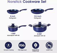 Ensemble de casseroles de cuisine en aluminium avec revêtement antiadhésif bleu, matériau en verre, design contemporain écologique