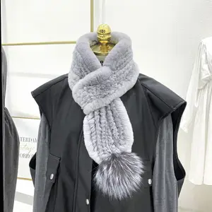 New Style Real Rex Rabbit Fur Double Woven Scarf Winter Warm Fur Scarf Ball Scarf