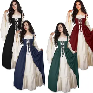 할로윈 여성 유럽 중세 법원 멋진 뱀파이어 코스프레 의상 카니발 빈티지 끈이없는 긴 소매 여왕 우아한 드레스