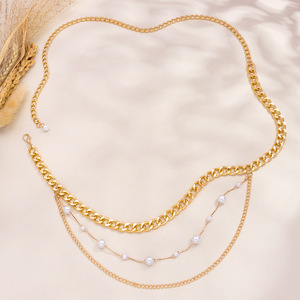 Cadena de cintura de metal de varias capas con perlas de imitación a la moda para mujer, accesorio de cadena corporal para fiesta, en oro y plata. - Product Image 2