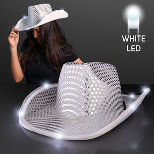 Chapeau de cowboy LED unisexe à paillettes argentées, livraison rapide, pour concerts, mariages, Noël, vente en gros, chapeaux de cowgirl lumineux réglables - Product Image 1