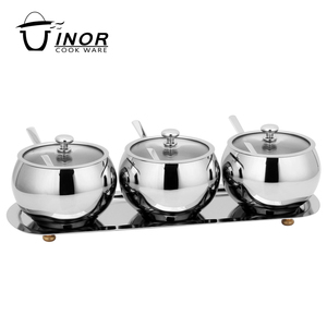 Set di 3 Contenitori per Condimenti, <span class=keywords><strong>Zuccheriera</strong></span> con Coperchio in <span class=keywords><strong>Acciaio</strong></span> Inox, Barattoli per Zucchero e Crema con Coperchio in Vetro Temperato, Utensili da Cucina OEM - Product Image 1
