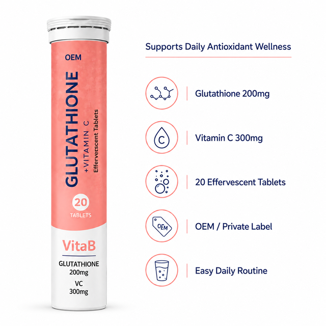 Glutathione Vitamin Effervescent Tablets 60 Tablets Tube 200Mg Glutathione 300Mg VC Daily Wellness Supplement OEM Private Label