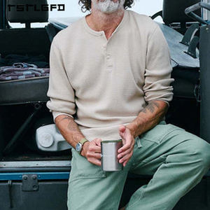 Sustainable <b>Men's</b> Thermel <b>Long</b> <b>Sleeve</b> <b>T</b>-<b>shirts</b> 100% Cotton Waffle Knit Henley Neck Oversized Casual Buttoned Base Layer Luxury - Product Image 2