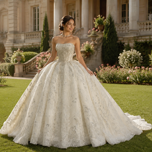 Robe de mariée longue et bouffante Jancember XX94 moderne à col bateau ornée de cristaux avec voile - Product Image 1