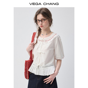VEGA CHANG Camicetta <span class=keywords><strong>Bianca</strong></span> e Rossa Ricamata per Donne, Dettaglio Fiocco, Maniche a Sbuffo, Orlo Plissettato, Collo Tondo, Top Casual - Product Image 5