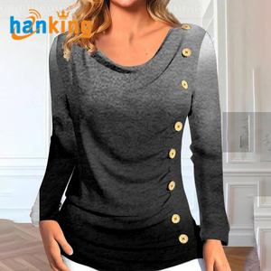 Hauts asymétriques à manches longues pour femmes col rond bouton décor froncé décontracté mélange de coton écologique imprimé par transfert de chaleur - Product Image 1