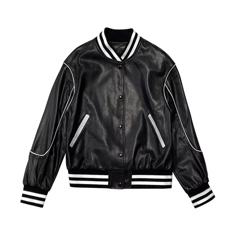 2187 New Arrive Genuine Leather Black Coat Short Motorcycle Jacket for Women