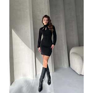 Mini-robe moulante noire en jersey à décolleté plongeant et découpes, style club - Product Image 1