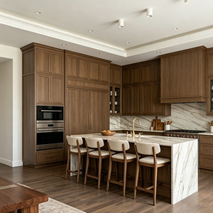 CBMmart Luxury Dark Walnut <strong>Kitchen</strong> Cabinets Classic Traditional Shaker Wooden Cabinetry <strong>with</strong> Marble Waterfall Island <strong>Bench</strong> - Product Image 1