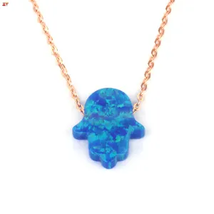 Popular blue hamsa pendant with adjustable chain synthetic fire opal blue gems flash charm S925 yellow silver necklace