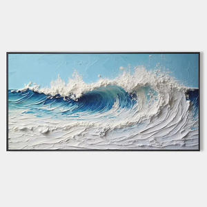 Peinture à l'huile originale, faite à la main, moderne, grande, bleue et blanche, vagues de l'océan, toile abstraite, texture 3D, paysage marin, techniques mixtes - Product Image 1