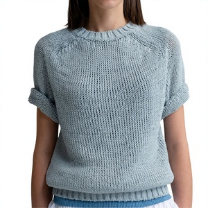 Pull tricoté minimaliste à col rond et manches courtes pour femme, en laine/acrylique écologique, imprimé numérique, avec doublure en laine – Vente en gros pour l'été - Product Image 1
