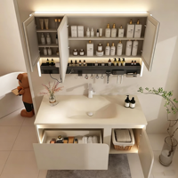 Meuble-lavabo de salle de bain en pierre thermoformée intégrée style crème, vasque murale pour salle de bain
