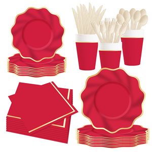 DAMAI Party Supply Custom Red Wave-shaped Gold Hot Stamping Paper Tableware Set Disposable Plate Cup Napkin for Party Decor - Product Image 5