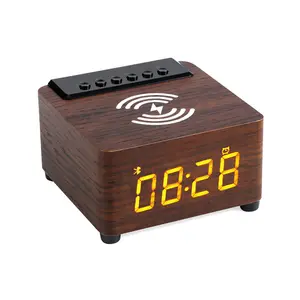 Fabricantes venda por atacado sem fio celular carregador madeira grão bt alto-falante despertador LED display rádio FM falar