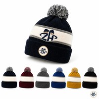Bonnet unisexe bleu marine à pompon, tricoté à rayures crème, taille unique, avec revers personnalisé, pour l'hiver, vente en gros
