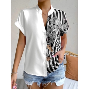 New Double Spell Color Collision Floral Button <b>Cardigan</b> Women's <b>Short</b> <b>Sleeve</b> Shirt Tops Blouse Clothing Fashion - Product Image 1