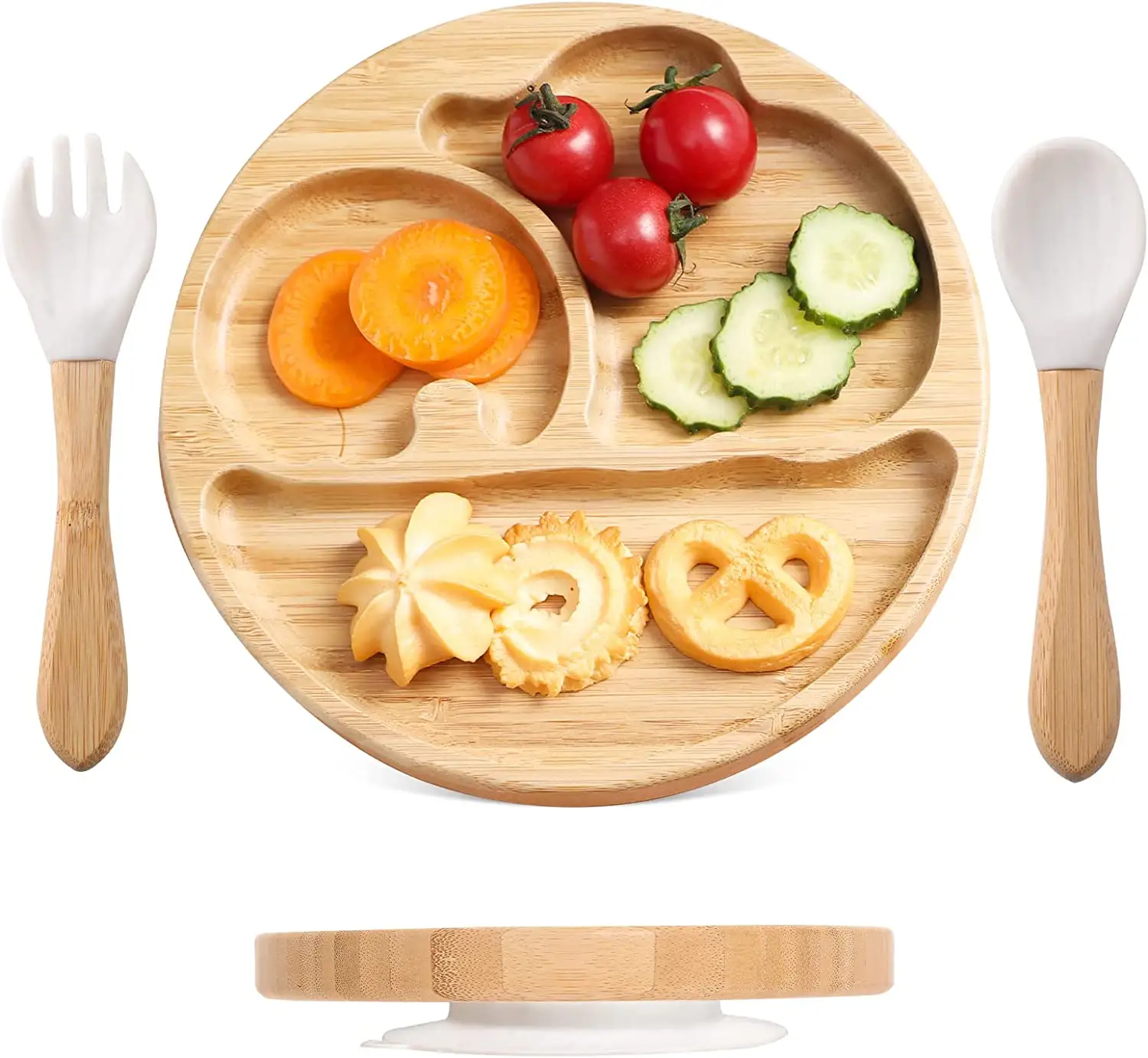 Baby Bamboo Suction Plates Set with Spoons & Fork, Baby Food Dishes Feeding Set for Led Weaning Plate