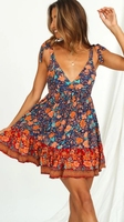 Robe d'été pour femmes Sexy V Neck Floral Print Boho Beach Dress Ruffle Short Sleeve a Line Mini Dress Wrap Sundress Robe