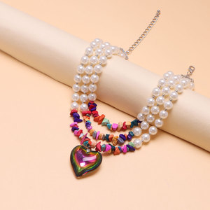 Collar de Perlas Multicapa con Colgante de Corazón, Estilo Europeo Americano, para Mujer, Color Rojo, para Fiestas - Product Image 6