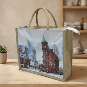 Sac de courses en jute écologique avec fermeture éclair, poche imprimée, dimensions : longueur 30 cm, largeur 35 cm, soufflet 13 cm, style tendance, usage quotidien, direct - Product Image 3