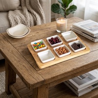 Ensemble moderne de 6 bols en céramique avec plateau de service en bambou, plat à condiments divisé pour apéritifs, tapas et sauces de fête