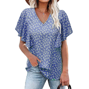 เสื้อเชิ้ตแฟชั่นผู้หญิง แขนสั้น คอวี ลายดอกไม้ จับจีบระบาย ขายดี - Product Image 3