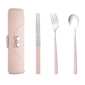 Bow-shaped <b>Portable</b> <b>Cutlery</b> <b>Set</b> 304 Stainless Steel Spoon Fork Chopsticks Travel Kit For Students And Adults - Product Image 2