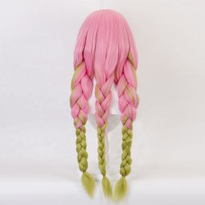 Parrucca <span class=keywords><strong>Cosplay</strong></span> di Kanroji Mitsuri da <span class=keywords><strong>Demon</strong></span> <span class=keywords><strong>Slayer</strong></span>, 80cm, Lunga, Rosa e Verde Mista, Sintetica, con Trecce - Product Image 4