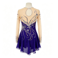 Robe de patinage artistique bleu roi pour enfants et adultes, en tissu maillé, manches longues, dos ajouré avec strass, pour compétition et spectacle