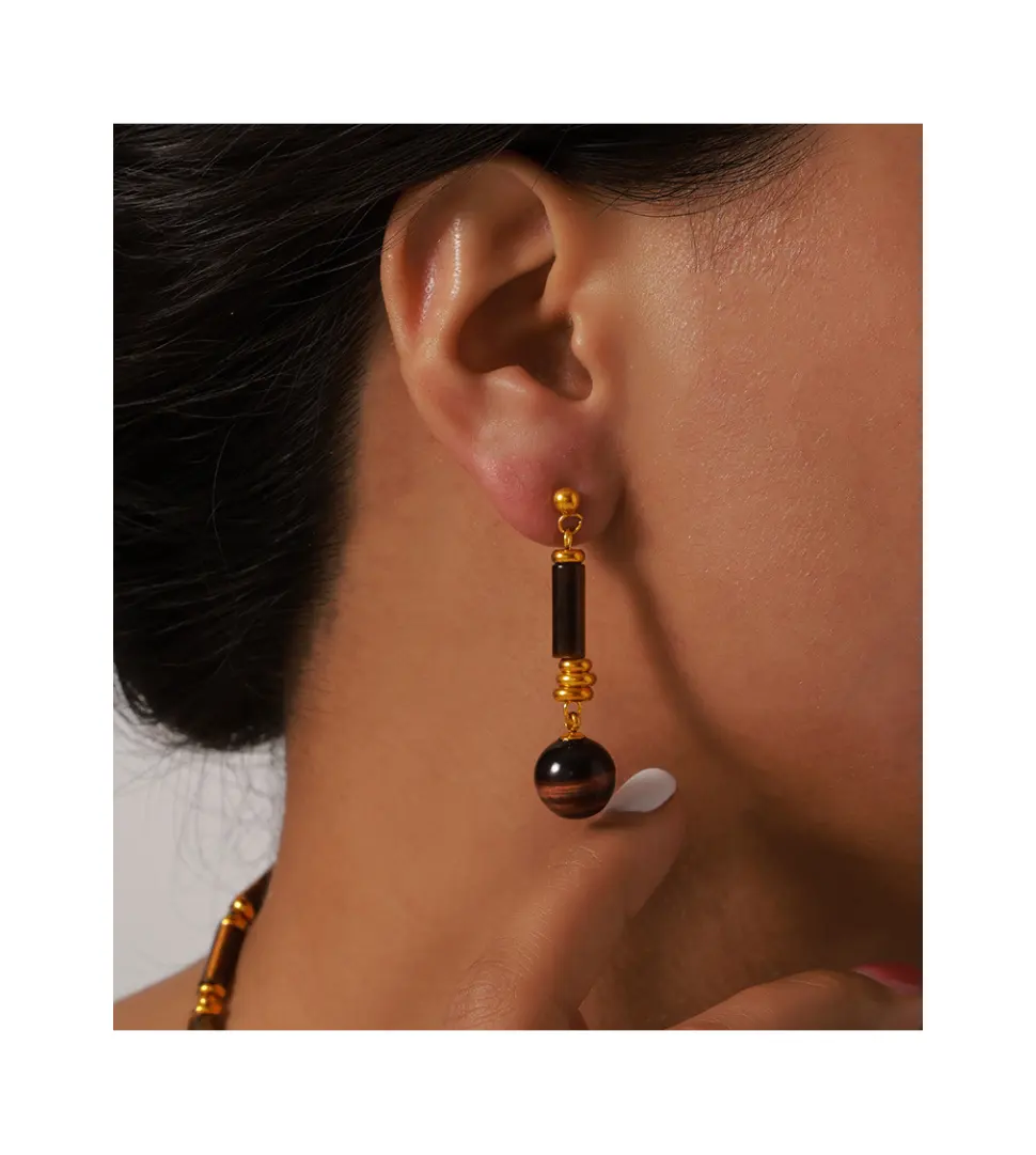 Vintage elegant jewelry tiger-eye stone Tigerite bead design titanium steel gold-plated earrings