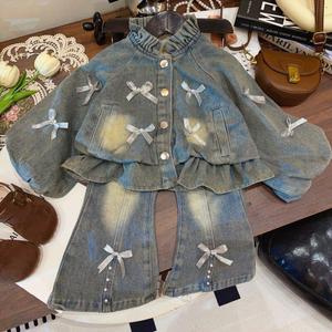 New Style Girls' Denim Fleece-<b>lined</b> Set Slightly Stretchy Flared <b>Jeans</b> Two-piece Trendy Set Girls Clothing Set - Product Image 1