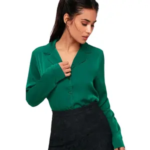 Women Emerald Green Satin Blouse Long Sleeve Button-Up Shirt Top