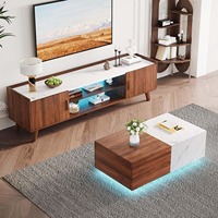 Ensemble table basse et meuble TV en bois avec placage marbre couleur noyer moderne et éclairage LED pour salon