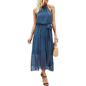 Women Halter Neck Long Maxi Dress Loose Chiffon Sleeveless Backless With <b>Belt</b> Casual Summer Sundress <b>Elastic</b> Waist - Product Image 1