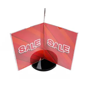 Tabletop Rotating Three Sides Clear Acrylic Menu Sign Display Holder With Round Black Base For Restaurant