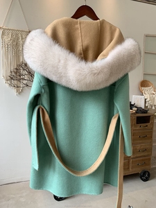 <span class=keywords><strong>Trench</strong></span>-shirts en laine à capuche pour femmes, en tissu de cachemire <span class=keywords><strong>vert</strong></span> et fourrure de renard, personnalisé, de haute qualité - Product Image 2