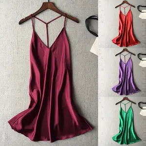 Women Sexy Silk Satin Night Dress Sleeveless Nighties V-neck Nightgown Strap Pencil Pullover Dress Hot Night Sleepwear For Lady