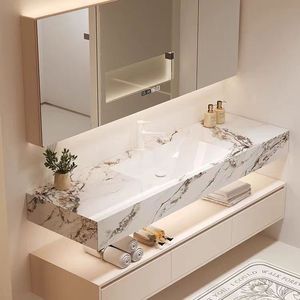Cream Colored Solid Wood Bathroom Vanity With Corian Integrated Basin And Mirror Cabinet Modern Design - Product Image 4