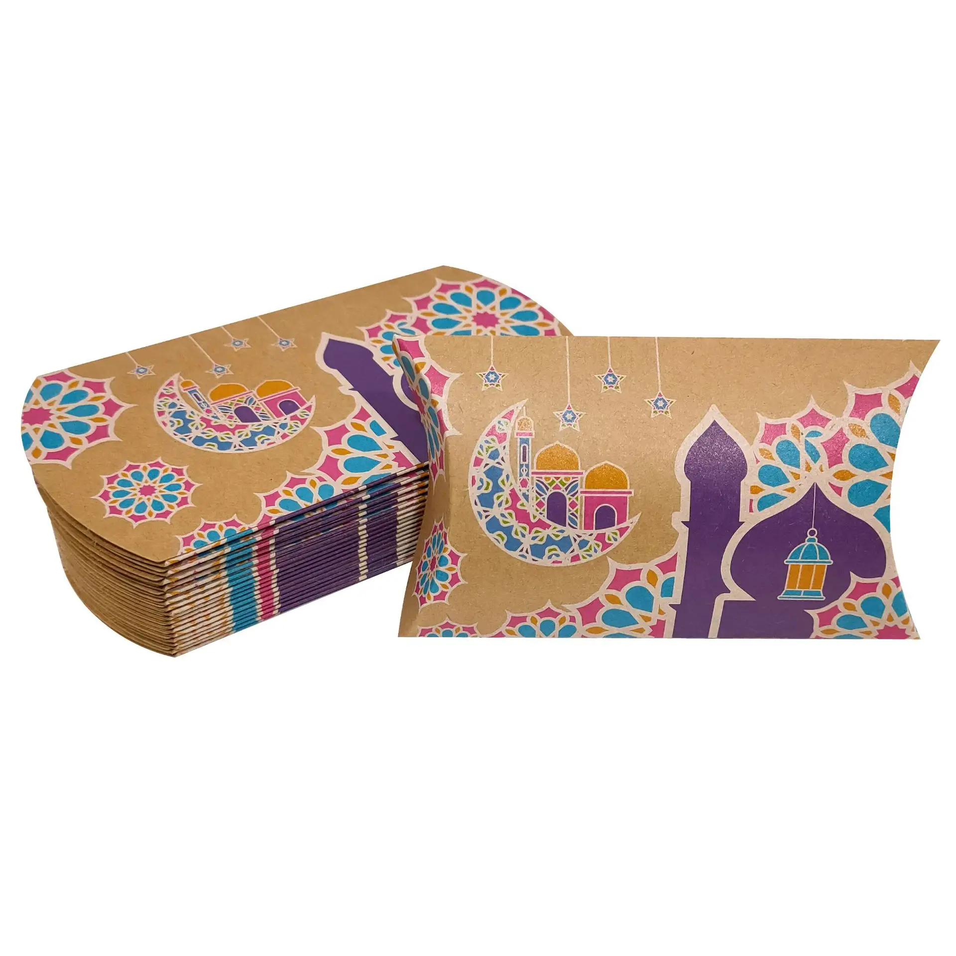 卸売カスタムラマダンカリームイードムバラク紙小さなギフト甘いキャンディーボックスクラフト紙枕形ボックス
