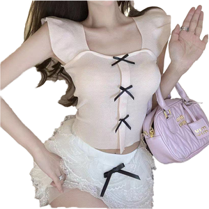 Top Halter Elegante de Verano para Mujer, Estilo Casual y Chic, con Detalle de Lazo, Manga Corta, Tejido de Poliéster/Algodón, 180g - Product Image 1
