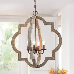 Handmade Distressed Wood Brown And Rust Bronze Farmhouse Lantern Chandelier For Kitchen Island Dining Room Bedroom Living Room