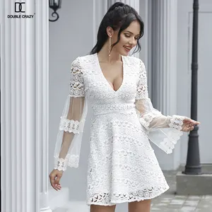Weixin 더블 미친 화이트 쉬폰 캐주얼 드레스 메쉬 삽입 Guipure 레이스 드레스