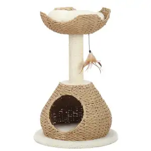 Cat House Cat Tree Natural Paper Rope 2-Tier Cat Tree Tower with Sisal Scratching Post Hanging Feather Toy