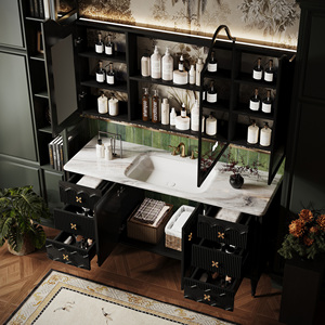 Meuble-lavabo flottant de luxe en bois massif, style romantique français, avec vasque en céramique et plateau en marbre, et armoire miroir LED intelligente - Product Image 2