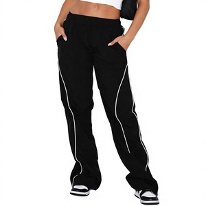 <b>Cheap</b> Price Street Wear Loose Fit Elastic Waist Flat <b>Sand</b> Wash Contrast Strip Light Weight Nylon Women Oversized Workout Flared - Product Image 1