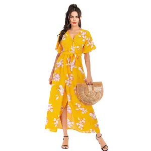 2024 New Arrive Summer Vacation Floral Print Dresses Ladies Women Elegant Maxi Casual Dress With Slits In The Front