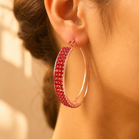 Boucles d'oreilles créoles en or rose avec strass rouges 45 mm, pavé de cristaux, en cuivre électroplaqué, 3 rangs, bijoux de gros pour femmes